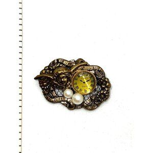 Vintage-Inspired 70’s Bronze Angel Brooch With Faux Pearls & Clock Face Pin